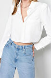 Moda Kadın Gömlek Yaka Düz Desen Resmi Crop Regular Normal Kalıp Dokuma Gömlek