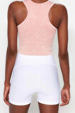 Moda Halter Yaka Örme Fit Düz Desen Sportswear Crop Kolsuz Bluz
