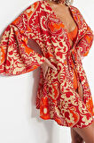 Moda Dokuma Regular Kalıp Crop V Yaka Standart Kol Shally Basic Etnik Desen Kimono Kaftan