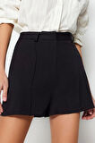 Moda Dokuma Normal Bel Geniş Paça Gündelik Siyah Gold Aksesuar Detaylı Yüksek Bel Dokuma Şort