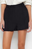 Moda Dokuma Normal Bel Geniş Paça Gündelik Siyah Gold Aksesuar Detaylı Yüksek Bel Dokuma Şort