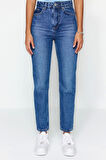 Stil Kadın Moda Denim Kot Pantolon Regular Geniş Paça Mavi Yüksek Bel Mom Jeans