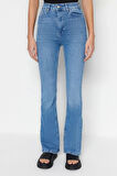 Stil Kadın Moda Denim Kot Pantolon Uzun İspanyol Paça Yüksek Bel Jeans