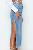 Modern Tarz Astarsız Denim Maxi Boy Yırtmaçlı Yüksek Bel Maxi Denim Etek