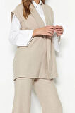 Moda Yüksek Bel Ceket Yaka Düşük Kol İçten Bağlamalı Keten Görünümlü Kimono-Pantolon Dokuma Takım