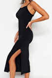 Moda Fit Plaj Günlük Sandy Örme Bisiklet Yaka Askılı Kol Bodycone Maxi Boy Elbise