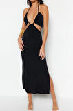 Moda Fit Plaj Günlük Sandy Örme Straplez Askılı Kol Bodycone Maxi Boy Elbise