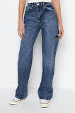 Stil Kadın Moda Denim Kot Pantolon Uzun Geniş Paça Yırtıklı Yüksek Bel Jeans