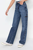 Stil Kadın Moda Denim Kot Pantolon Uzun Geniş Paça Yırtıklı Yüksek Bel Jeans
