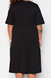 Moda Stil Relaxed Bisiklet Yaka Midi Boy Büyük Beden Volanlı %100 Pamuk Örme Elbise