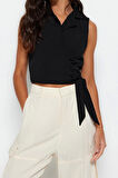 Moda Ceket Yaka Dokuma Fit Düz Desen Şık gece Crop Kolsuz Bluz