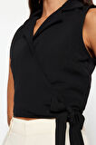 Moda Ceket Yaka Dokuma Fit Düz Desen Şık gece Crop Kolsuz Bluz