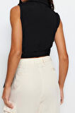 Moda Ceket Yaka Dokuma Fit Düz Desen Şık gece Crop Kolsuz Bluz