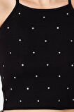 Moda Halter Yaka Örme Slim Fit Düz Desen Casual Günlük Crop Askılı Kol Bluz