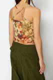 Moda Kare Yaka Örme Slim Çiçekli Desen Casual Günlük Crop Askılı Kol Bluz