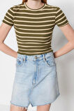 Moda Bisiklet Yaka Örme Slim Çizgili Desen Casual Günlük Crop Kısa Kol Bluz