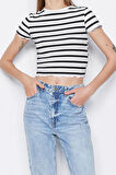 Moda Bisiklet Yaka Örme Slim Çizgili Desen Casual Günlük Crop Kısa Kol Bluz
