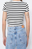 Moda Bisiklet Yaka Örme Slim Çizgili Desen Casual Günlük Crop Kısa Kol Bluz