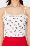 Moda Kare Yaka Örme Slim Çiçekli Desen Casual Günlük Crop Askılı Kol Bluz
