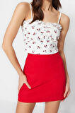 Moda Kare Yaka Örme Slim Çiçekli Desen Casual Günlük Crop Askılı Kol Bluz