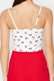 Moda Kare Yaka Örme Slim Çiçekli Desen Casual Günlük Crop Askılı Kol Bluz