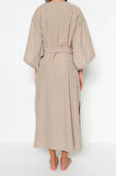 Moda Dokuma Regular Kalıp Midi V Yaka İspanyol Kol Keten görünümlü Basic Düz Desen Kimono Kaftan