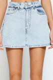 Moda Denim Yüksek Bel Geniş Paça Gündelik Açık Mavi Yırtıklı Denim Şort