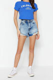 Moda Denim Yüksek Bel Geniş Paça Gündelik Mavi Yırtık Detaylı Şort Bermuda