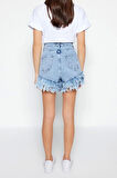 Moda Denim Yüksek Bel Geniş Paça Gündelik Açık Mavi Püsküllü Denim Şort
