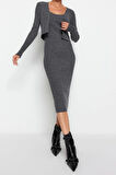 Moda Slim Casual Günlük Fitilli Triko V Yaka Uzun Kol Bodycone Midi Boy Elbise