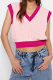 Kadın Modern Tarz Rahat Kolsuz V Yaka Renk Bloklu Kol Crop Triko Süveter