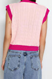 Kadın Modern Tarz Rahat Kolsuz V Yaka Renk Bloklu Kol Crop Triko Süveter