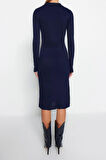 Moda Slim Casual Günlük Fitilli Triko Polo Yaka Uzun Kol Bodycone Midi Boy Elbise