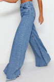 Stil Kadın Moda Denim Kot Pantolon Uzun Geniş Paça Mavi Yüksek Bel Ekstra Palazzo Jeans