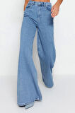 Stil Kadın Moda Denim Kot Pantolon Uzun Geniş Paça Mavi Yüksek Bel Ekstra Palazzo Jeans