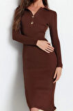 Moda Stil Slim Polo Yaka Midi Boy Triko Elbise