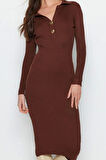 Moda Stil Slim Polo Yaka Midi Boy Triko Elbise