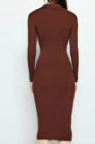 Moda Stil Slim Polo Yaka Midi Boy Triko Elbise