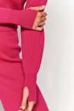 Tarz Kadın Modern Moda Normal Bel Boru Paça Dik Yaka Crop Parmak Detaylı Triko Alt-Üst Takım