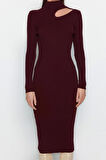 Moda Slim Casual Günlük Fitilli Triko Dik Yaka Uzun Kol Bodycone Midi Boy Elbise