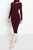 Moda Slim Casual Günlük Fitilli Triko Dik Yaka Uzun Kol Bodycone Midi Boy Elbise