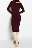 Moda Slim Casual Günlük Fitilli Triko Dik Yaka Uzun Kol Bodycone Midi Boy Elbise