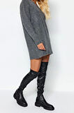 Moda Oversize Casual Günlük Dolu İğne Triko V Yaka Uzun Kol Kazak Elbise Mini Boy Elbise