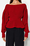 Stil Modern Kadın Regular Balon Kol Kayık Yaka Volanlı Triko Kazak