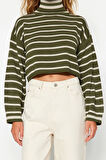 Stil Modern Kadın Crop Düşük Kol Balıkçı Yaka Çizgili Triko Kazak