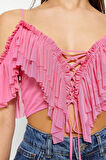 Moda V Yaka Örme Regular Düz Desen Şık gece Crop Kısa Kol Bluz