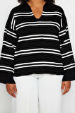 Büyük Beden Kadın Modern Tarz Rahat Uzun Polo Yaka Çizgili Kol Regular Triko Kazak