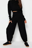 Moda Triko Yarım Balıkçı Yaka Casual Günlük Siyah Süper Crop Jogger Pantolonlu Triko Alt-Üst Takım