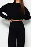 Moda Triko Yarım Balıkçı Yaka Casual Günlük Siyah Süper Crop Jogger Pantolonlu Triko Alt-Üst Takım