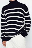 Stil Modern Unisex Regular Düşük Kol Balıkçı Yaka Casual Unisex Fit Geniş Kalıp Çizgili Triko Kazak